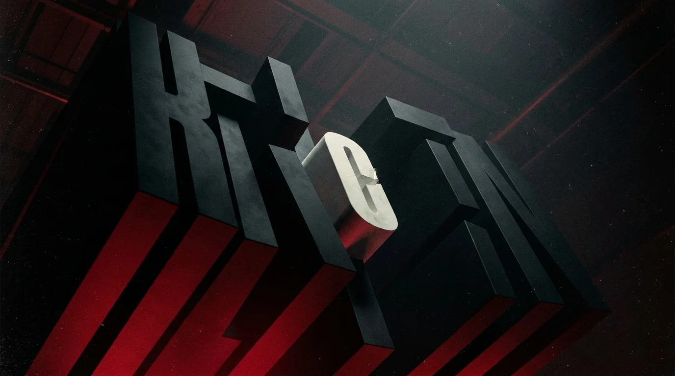 Monumental 3D letterforms in crimson light