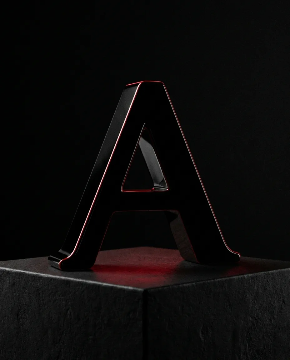 Obsidian letter A under crimson rim light