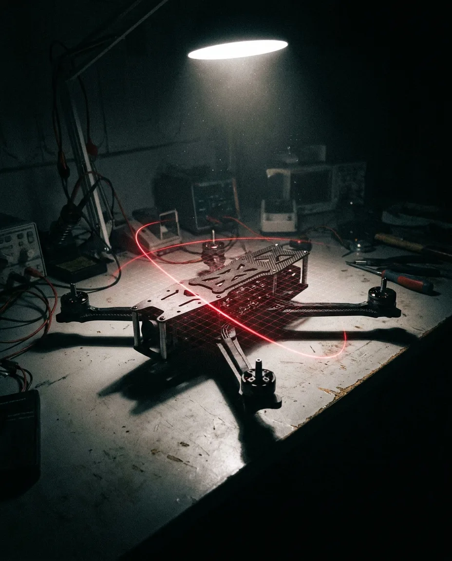 Prototype under a spotlight with laser scan line